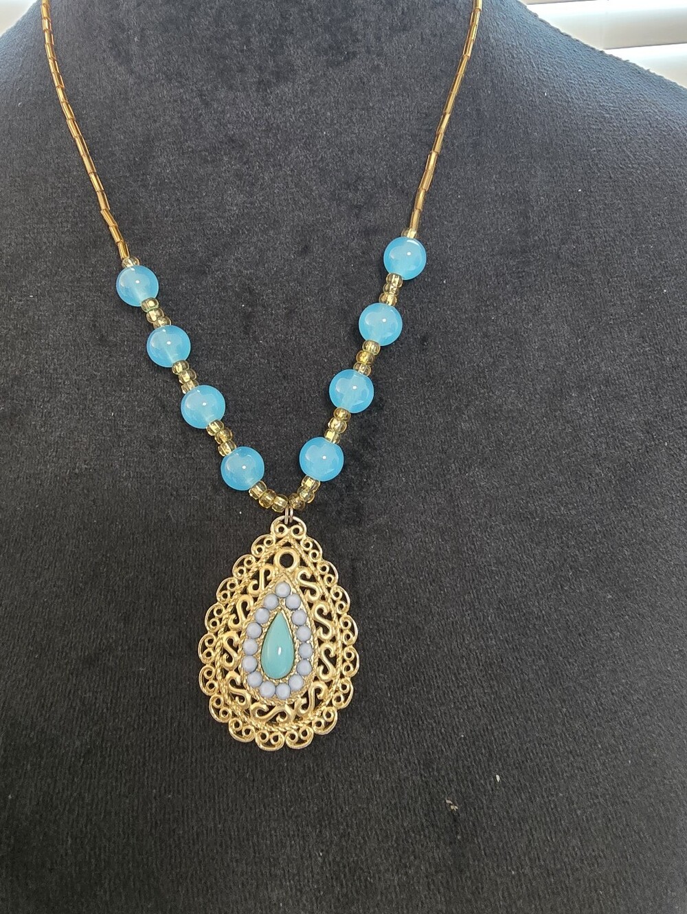 Vintage Mark MONET Gold Filigree Teardrop Necklace with Turquoise Like Beads